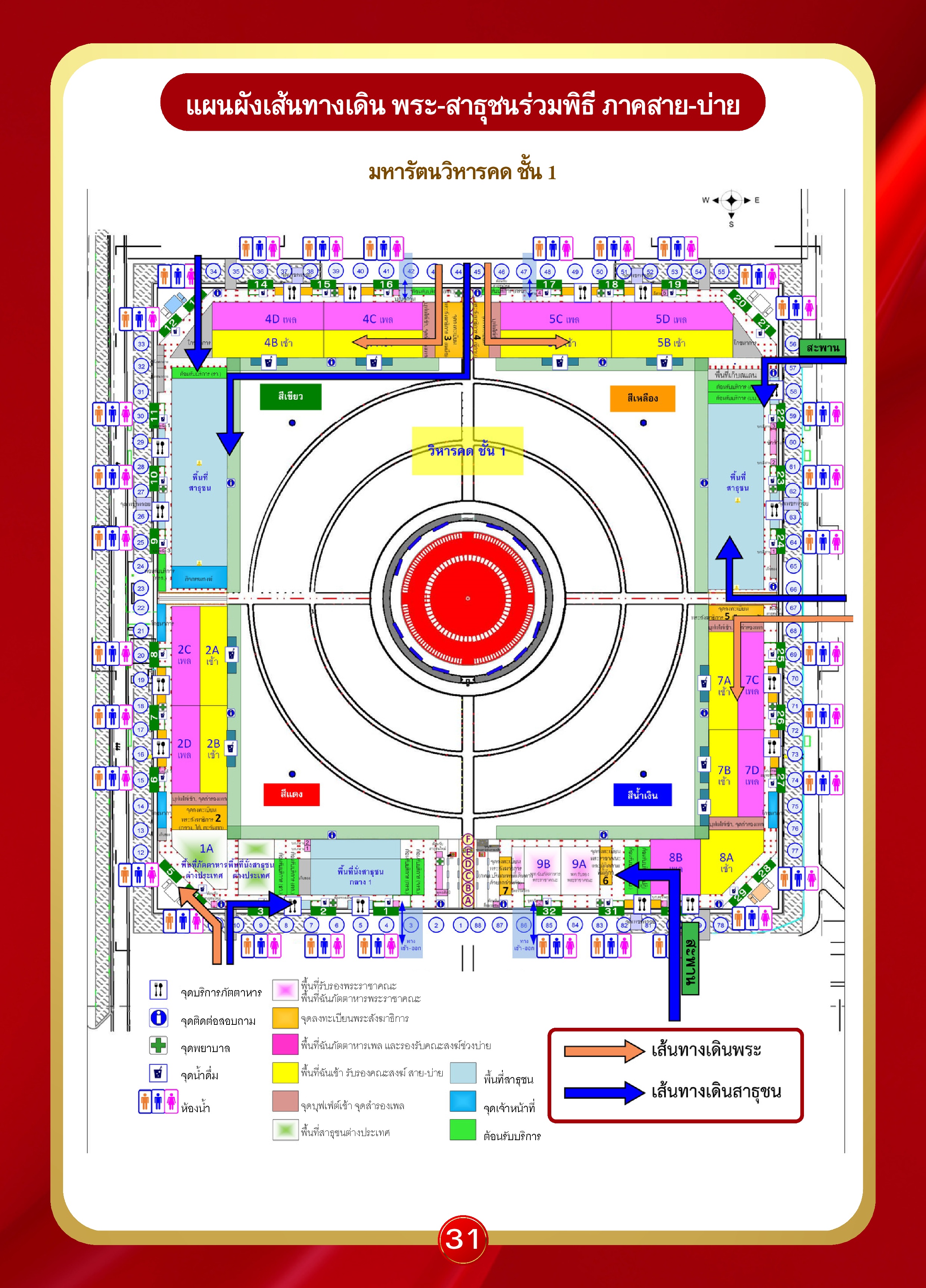 หน้า 31: แผนผังเส้นทางเดิน พระ-สาธุชนร่วมพิธี ภาคสาย-บ่าย